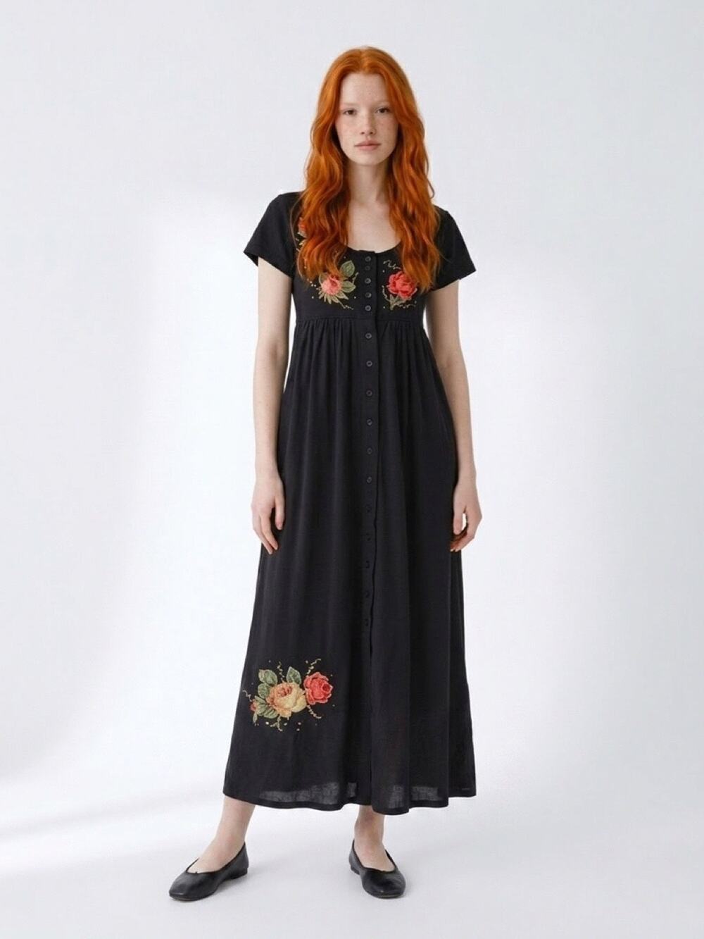 Vintage 1980s Floral Embroidery Midi Dress Button Front Modest size XS